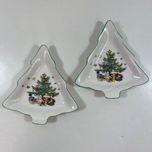 Nikko Christmastime Pair Set 2 Christmas Tree Candy Dish 6" Holiday White Green